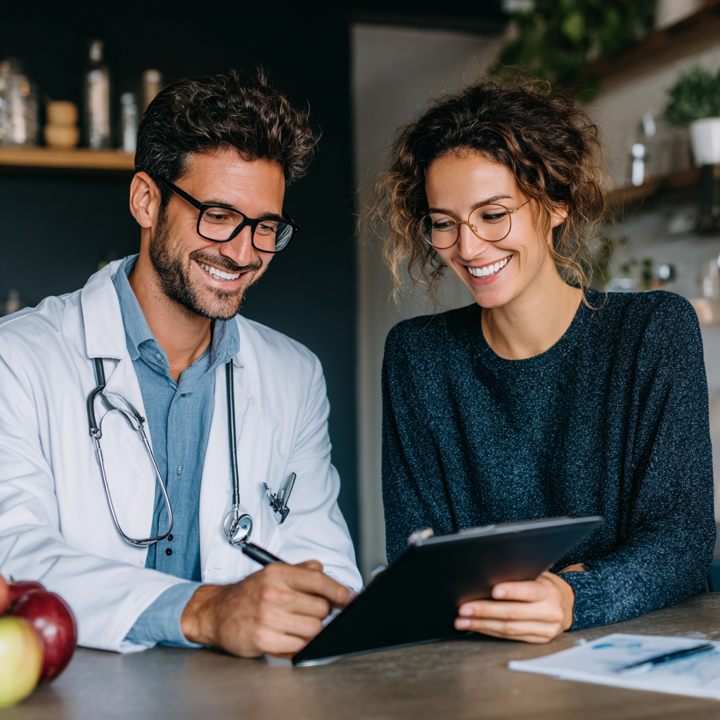 Happy Romanian woman in her 30s preparing a colorful, balanced meal in a modern kitchen, smiling while arranging fresh vegetables and healthy ingredients on a wooden cutting board