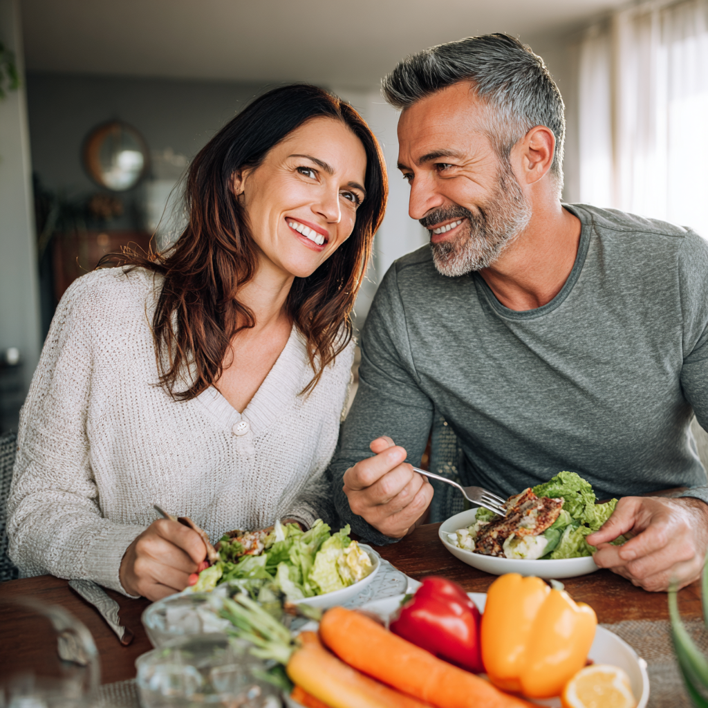 Romanian nutritionist in her 40s consulting with a young couple, showing them a personalized meal plan on a tablet, all three people smiling in a bright, modern office setting