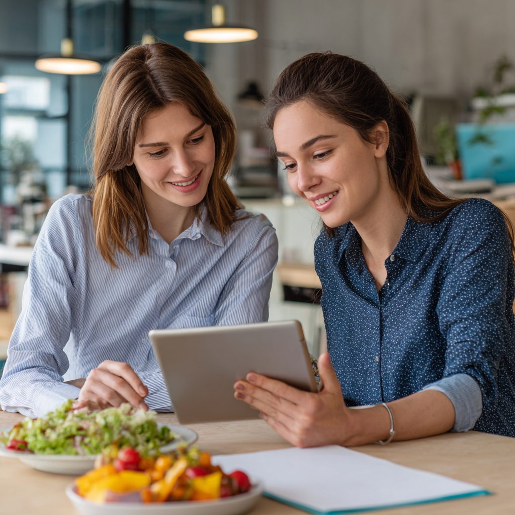 Group of diverse Romanian adults in their 30s and 40s, both men and women, sharing a healthy meal together at a bright, modern table, all looking happy and engaged in conversation